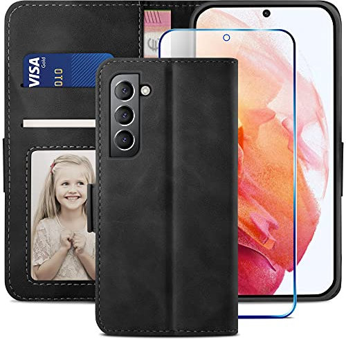 YATWIN Compatible with Samsung Galaxy S22 Case, Flip Wallet Leather Case with Screen Protector and Card Slot Kickstand Phone Cases Cover for Samsung S22 - Black