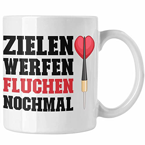 Trendation - Dart Tasse Dartpfeil Zielen Werfen Fluchen Nochmal Spruch Männer Dart-Spieler Geschenkidee (Weiß)