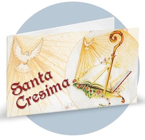 PuntoCasaStore 20 Kärtchen für Heilige Firmung mit Buch und Taube, Format A4, 100 g, Vorgeschnitten, Maße: 9 x 2,5 cm (geschlossen: 4,5 x 2,5 cm)