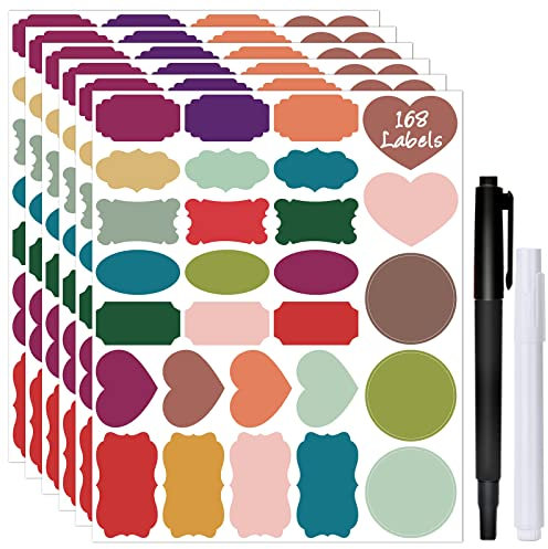 JaoNanl Colored Label Stickers, Removable Chalkboard Labels with 2 Markers, Waterproof Kitchen Labels Self-Adhesive Gift Tag Stickers for Mason Jar,Storage Bin,Food Container,Home Organization,168Pcs