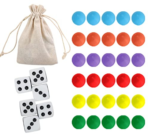 COMSREV Wahoo Brettspiel-Ersatzmurmeln, je 5 in 6 Farben, 6 Würfel und eine Spieltasche für Wahoo Brettspiel, 1,4 cm, 30 Stück