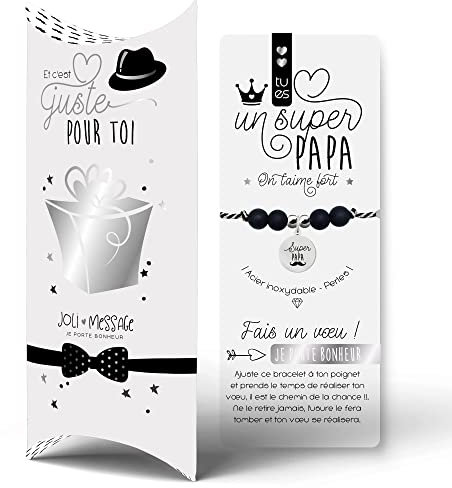 ÉNJA Création Cadeau SUPER PAPA prêt à offrir | BRACELET GRAVÉ porte bonheur et carte | Cadeau pour toute la famille | IIdée cadeau ORIGINALE | NOËL, FÊTE, ANNIVERSAIRE - Boite cadeau OFFERTE (PAPA)