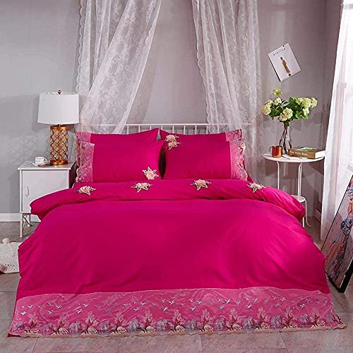 Bettwäscheset Bettbezug für Zuhause/Hotel, gesteppte Bettdecke, 4-teiliges Set, einfarbige Tagesdecke, gebundene Seildecke, Spitzen-Kissenbezug, einfache Twill-Blätter für Bettwäsche (Color : Rosered,