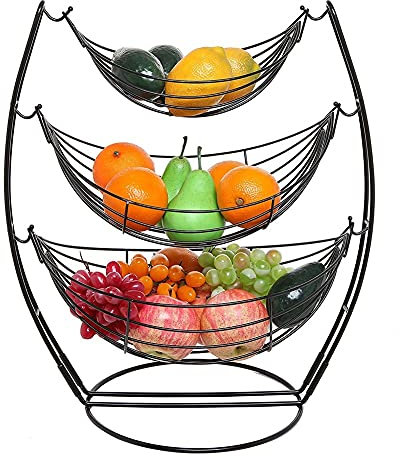 luckxuan Frutero para Frutas 3 Nivel Negro Triple Hamaca Fruta Verduras Producir Metal Cesta Estante Pantalla Soporte Fruta Cesta Cesta de Frutas Cocina