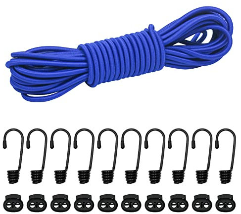 10M Elastic Cord, 1/4 Thick Shock Cord Heavy Duty 32Ft Elasticated Shock Cord Black Bungee Cords with Hooks for Caravan Camping Cargo Craft Rack (6mm x 10M, Blue)