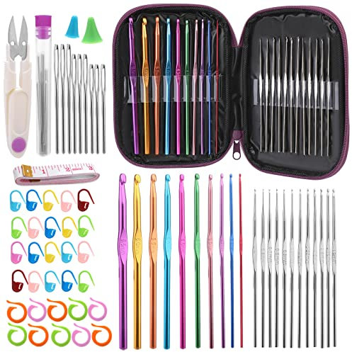 Doxiru 67-Teiliges Häkelnadel-Set für Anfänger, 22 Häkelnadelgrößen, Ergonomisches Häkelnadelset, Maschenmarkierer, Häkelnadel-Set mit Aufbewahrungsbox für Anfänger, DIY-Handstrickwerkzeuge