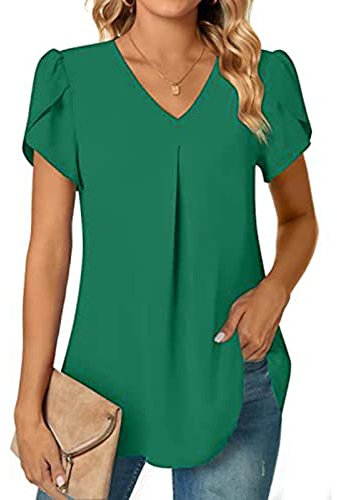 Business Damen Outfit 2023 Damen Sommer Mode Chiffon Shirt V-Ausschnitt Kurzarm Tunika Top Geeignet für Leggings Mode Für Mollige