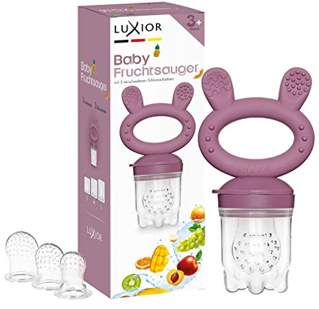 Luxior Fruchtsauger Baby Set purple | Fruchtsauger für Baby + 3 Aufsätze | Schnuller zum Befüllen mit Obst, Gemüse, Brei & Baby Essen | Fruchtsauger Baby ab 3 Monate | BPA-freie Zahnungshilfe