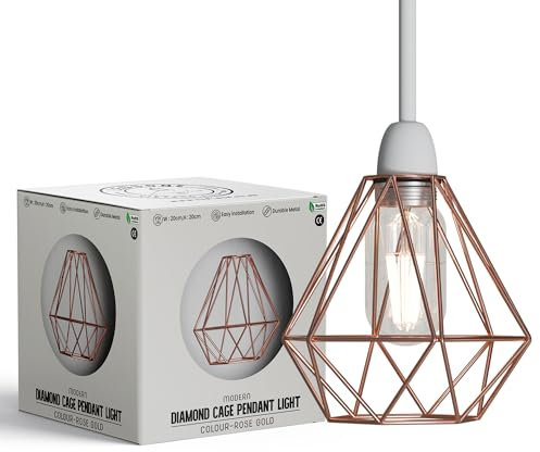 LEDSONE Modern Geometric Diamond Pendant Lampshade - Metal Wire Cage, Rose Gold, 14.5x20cm, Ideal for Living Room, Kitchen, Restaurant, Office
