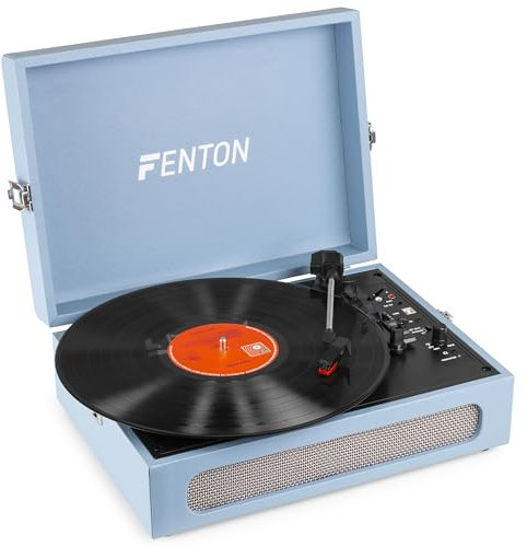 Fenton RP118E Briefcase Record Player with Bluetooth Output - Portable Vinyl Turntable with Record Player Bluetooth Transmitter, Built-in Stereo Speakers, and Stylish Briefcase Design - Blue