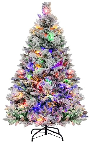 COSTWAY Künstlicher Weihnachtsbaum mit Beleuchtung, Schnee und Zapfen, 136 cm Tannenbaum mit 8 Lichtmodi, 472 PE PVC Zweigspitzen, Christbaum, Kunstbaum Weihnachten für Zuhause, Büro, weiß