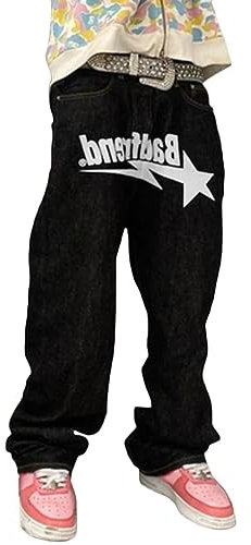 ORANDESIGNE Herren Baggy Jeans Y2K Jeanshose Vintage Bedruckt Denim Hosen Men Hip Hop Streetwear Hose Teenager Jungen Straight Leg Skateboard Jeans I Weiß XS