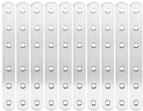 CHUEHKAK 10 Conectores Planos de Acero Inoxidable para Madera, 162 x 20 mm, Placas Perforadas con 60 Tornillos, Soporte de Esquina Plana para Mesa Silla Armario Muebles