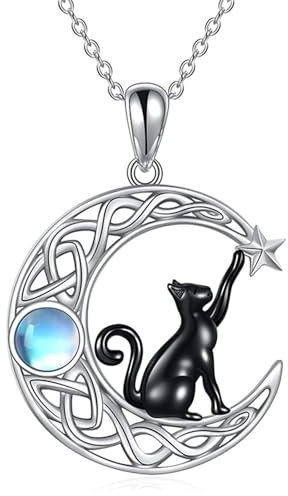 LSxAB Cute Cat On Moon Animal Necklace Celtic Knot Moonstone Crescent Pendant Necklaces for Women Girls Christmas