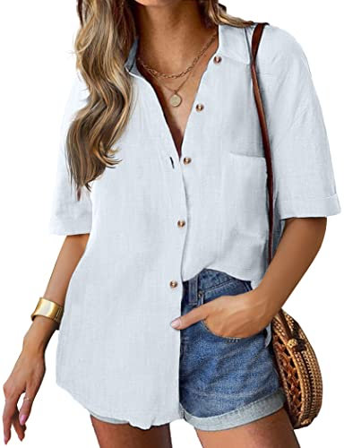 HOTOUCH Womens Casual Blouse Button Down Shirts Cotton Short Sleeve V Neck Blouses Summer Basic Plain Business Shirt White XL