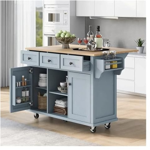 EINES Kitchen And Dining Island Tables Kitchen Carts on Wheels With Rubber Wood Drop-Leaf Countertop Trolley Mobile Kitchen Islands With Storage BlueFreight Free Home Kitchen Island On Wheels