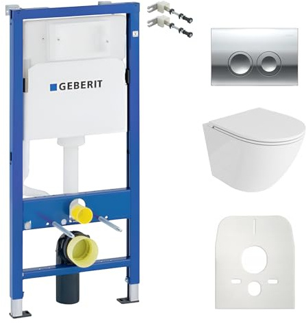 Lavita Duofix Basic Vorwandelement + Wand Tiefspül WC Sofi One Weiß Spülrandlos + WC Sitz + Bedienplatte Delta 25 Verchromt Knopf Komplettset Unterputz Spülkasten Toilette Komplett Sett WC