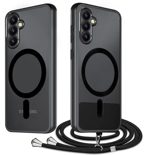 TVVTPU Magnetisch Handyhülle für Samsung Galaxy A54 5G Hülle mit Band, Transparent Anti-Gelb Anti-Fingerabdruck Stossfest Outdoor Case mit zum Umhängeband (Abnehmbar), Schwarz