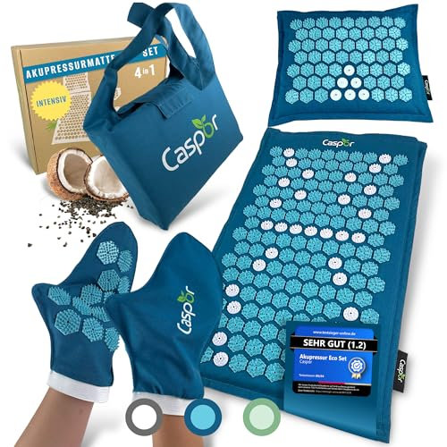 Akupressurmatte Set mit Kissen (Intensiv), Tasche, Massagehandschuhe - akupunktur matte aus Leinen mit Kokosfasern, akkupressmatte Hilfe bei Verspannungen, Rückenschmerzen - Caspor®