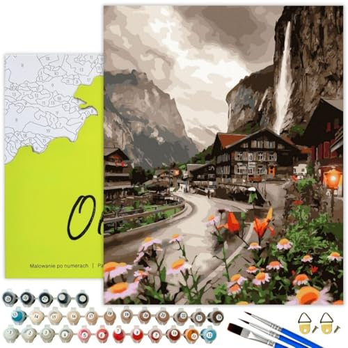 Oh Art! Malen Nach Zahlen Erwachsene Set Mit 3 Pinseln Und Acrylfarben Gemälde Acrylic Malerei DIY Leinwand 40 x 50 cm Regen In Den Bergen