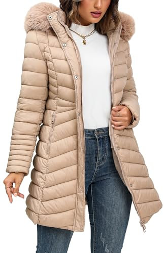 Giolshon Veste polaire pour femme doublée en polaire et matelassée avec capuche amovible en fausse fourrure G23-18 Abricot XXL