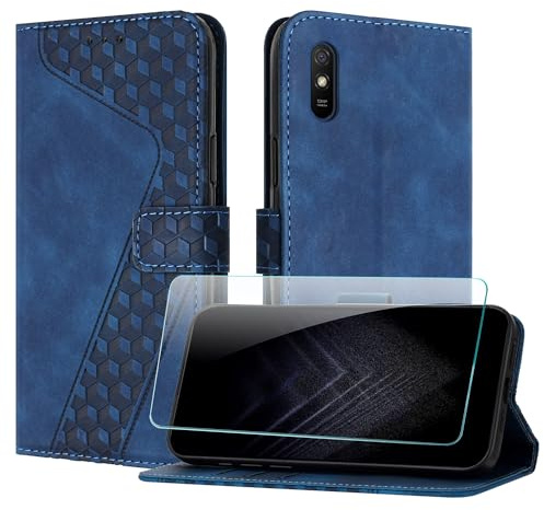 JayModCase Coque pour Xiaomi Redmi 9A, Cuir Pochette de Portefeuille avec Film de Protection d'écran [Support] [Magnétique] Emplacements Cartes pour Redmi 9A - Bleu