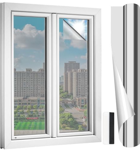 ZOCONE Sonnenschutzfolie Fenster Innen Selbsthaftend Spiegelfolie Fenster Sichtschutz Silber Fensterfolie Blickdicht von Aussen Thermofolie Sonnenschutz Verdunkelungsfolie UV Folie Fenster Hitzeschutz