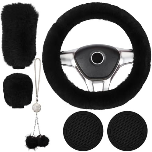 Crevyteg 6 Stück Flauschige Lenkradabdeckung, Plüsch Winter Auto Lenkradbezug, Elastisch Lenkrad Schutzhülle Abdeckung Auto Zubehör mit Handbremsabdeckung Plüsch-Schlüsselanhänger - Schwarz