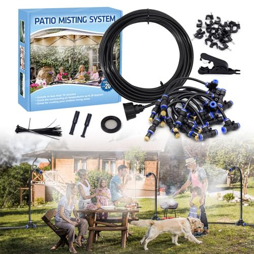 20M Brumisateur Terrasse Extérieur, Système de Brumisation Extérieur Terrasse avec 20 Buse Réglable Direction Réglable, Kit de Tuyau Brumisateur Jardin pour Parasol, Piscine