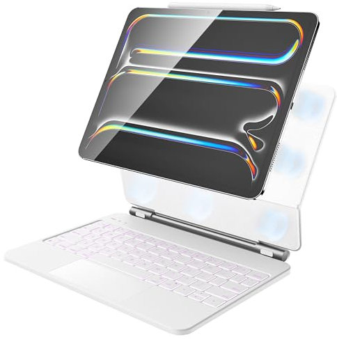 HOU Keyboard Case for iPad Pro 11 Inch (M4 2024), iPad Pro 2024 11 Inch (5th Gen) Case with Keyboard, Multi-Touch Trackpad, 7 Colors Backlight, Easy-Set Magnetic Stand-White