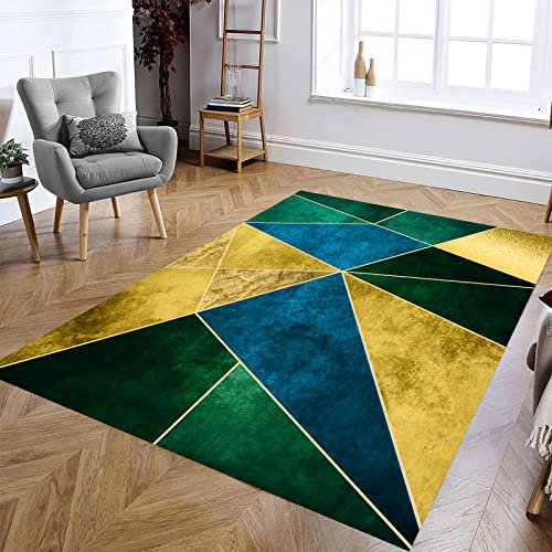 AMZGFR Teppiche, Kaffeebohnen, Oval 160 x 220 cm, Grün Gelb Gold Geometrisches Design, Weicher Kurzflorteppich für Wohnzimmer, Schlafzimmer, Esszimmer, Home Office,