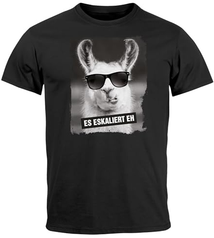 MoonWorks® Herren T-Shirt Es Eskaliert Eh Lustige Tiermotive Lama Alpaka Fotoprint Fotomontage Partyshirt Urlaub Schwarz L