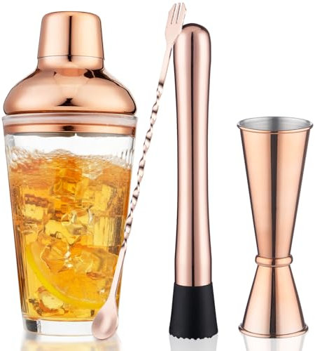 Rose Gold Cocktail Shaker Set - Includes Measuring Jigger, Mixing Spoon, and Muddler with 17oz Glass Martini Shaker Bottle Stainless Steel Bar Tools, Home Bar Accessories Drink Mixer, Barware Gift Set
