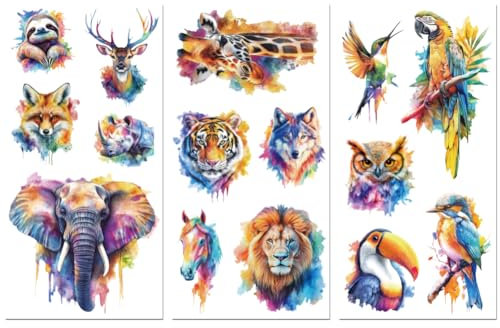 Peacoblue UV DTF Rub-On Transferfolie Möbel-Sticker Bunte Tiere Muster 15x30cm, 3 Stk. Wasserfeste Deko-Transferaufkleber für Möbel Glas Gläser Porzellan Wäscheschränke Kommoden Holz Kunststoff