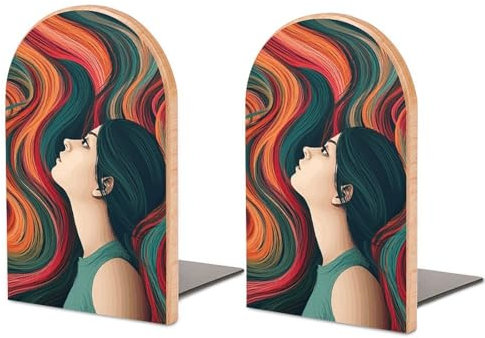 Serre-livres réglables en bois de hêtre et fer, motif femme avec de longs cheveux colorés imprimés, supports de livres pour décoration moderne de maison et de bureau