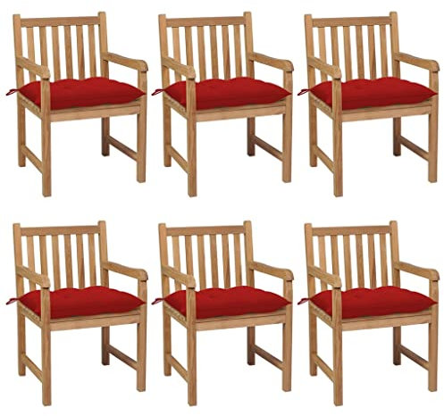 Xichuzi Gartenstühle 6 STK. mit Roten Kissen Massivholz Teak, Gartenmöbel, Terrassenstühle, Balkon Stühle, Balkonstuhl, Garten Stühle Für Draussen - 3073052