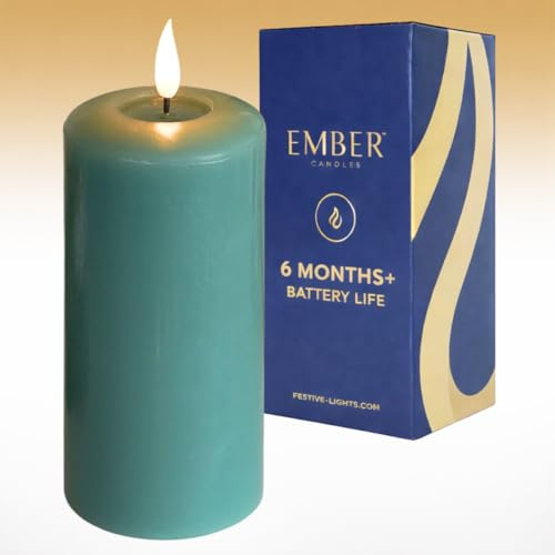 Ember Candles™ 15cm Signature Sage Green LED Flickering Battery Candle – 100% Real Wax, Ultra-Realistic, Flameless, Hand-Poured Design, 6-Hour Timer for Safe Indoor Use (Without Remote Control)