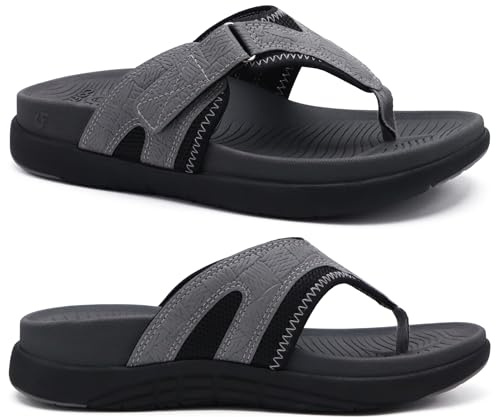 COFACE Mens Flip Flops with Arch Support 2025 Summer Leather Beach Sandals for Men Orthopedic Thick Cuhsion Adjustable Man Flip-flop Outdoor Size 9.5 grey
