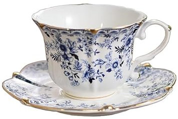 Tasse à café en porcelaine anglaise - 200 ml - Tasse à thé et soucoupe de style européen - Tasse à thé de l'après-midi rétro de luxe doré (bleu et blanc)