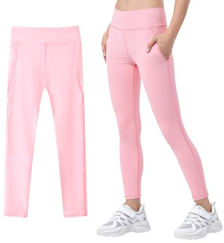 JinBei Sportleggings Mädchen Lang Sport Yogahose mit 2 Taschen, GR. 110-152 | Sportkleidung, Elastisch, Einfarbig, Atmungsaktive, Lang Sporthose, Gymnastikhose, für Jogging, Training, Fitness, Schule