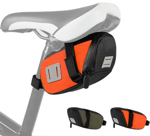 Borsa Sottosella Bici Piccola Borse da Sella Bicicletta da Corsa Strada MTB Impermeabile con Nastro Riflettente Marsupio Portaoggetti di Attrezzi Bici 16,5 * 7,5 * 10,5CM con Cinghie(Arancio)