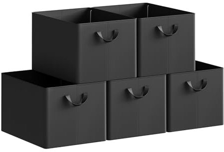 WOLTU Folding Storage Baskets Set of 5, Wardrobe Storage Organisers with Handles, Fabric Cubes for Clothes and Toys, 50L, Black, 47 x 35 x 30 cm, ABB11sz-5-UK