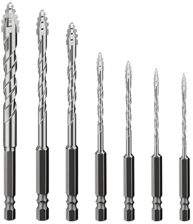 Lot de 7 forets excentriques pour carrelage avec quatre dents de scie à quatre tranchants, tige hexagonale, pointe en carbure de tungstène haute résistance, 3/4/5/6/8/10/12 mm pour carrelage, béton