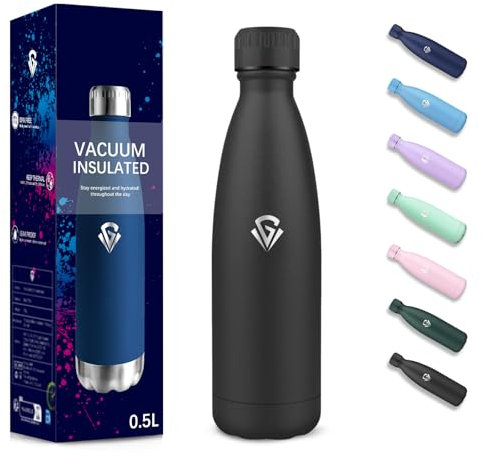 Gourde, 500 ml Sans BPA, Gourde Isotherme, Isolation Sous Vide à Double Paroi, Bouteille Isotherme, 304 Acier Inoxydable, Gourde Acier Inoxydable pour École, Voyage, Marcher, Jogging - Noir