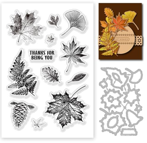 INFUNLY Ahornblatt Klare Stempel und Stanzen für Kartenherbst Ginkgoblatt Gummistempel Stanzen Haselnuss Silikonstempel Siegel Vintage Herbstblätter Prägeschablonen für DIY Scrapbooking Album Dekor