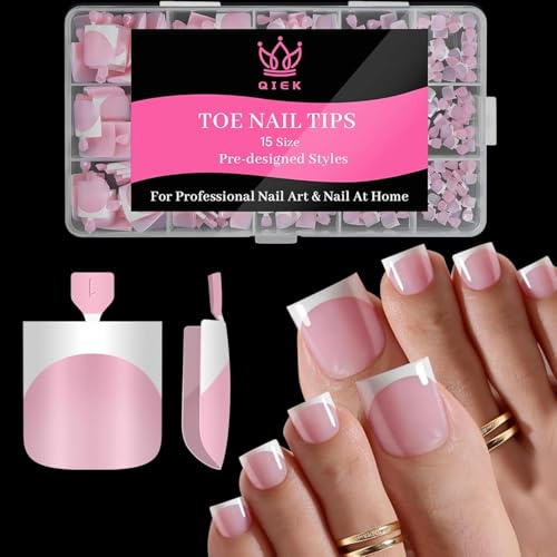 QIEK 270 Pcs French False Toenails, 15 Sizes, Full Cover Toe Nail Tips