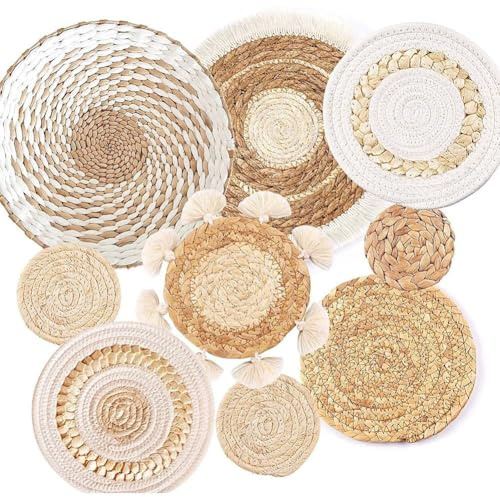 Asyduey 9 Pack Boho Wall Basket Handcrafted Wicker Round Seagrass Wall Art for Farmhouse Bedroom Living Room Display Table Settings Kitchen Home