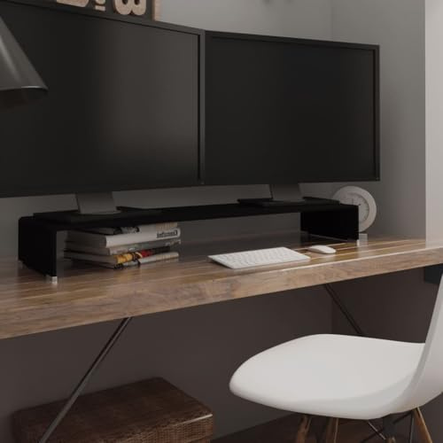 HaoChrymec Tempered Glass Monitor Stand Riser, Multifunctional TV Shelf with Streamlined Design, Desktop Organiser for Laptop, Computer Screen, Gaming Consoles,Black, 110x30x13 cm