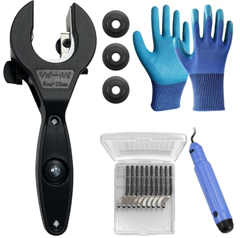 Ratsche Rohrabschneider Set, Rohrschneider 8-29mm Pipe Cutter mit Handschuhe und 3 Ersatz Schneidrad Entgratwerkzeugen Kupferrohr Schneider für Edelstahl, Kunststoff, Aluminium