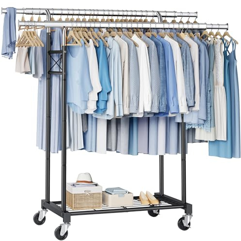 FAVOOSTY Porte-vêtements Double Barres Porte-manteau, Extensible avec Roulettes, Autoportant Mobile 129cm(Noir)